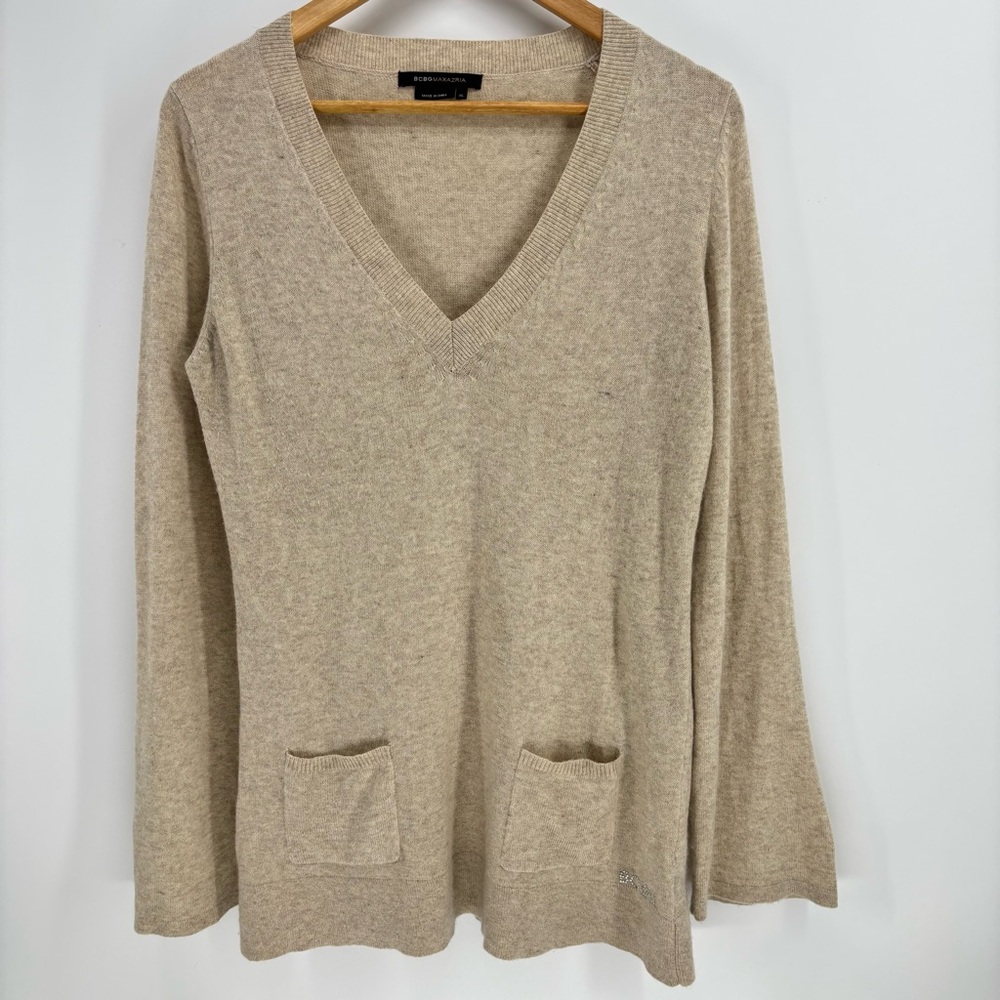 BCBG MAXAZRIA V-neck Sweater Angora/Wool/Nylon Women Size XL‎ Tan Tunic Pockets